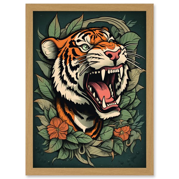 Tiger Roaring Old School USA Tattoo Ink Body Art Rockabilly Americana 50s Artwork Framed Wall Art Print A4