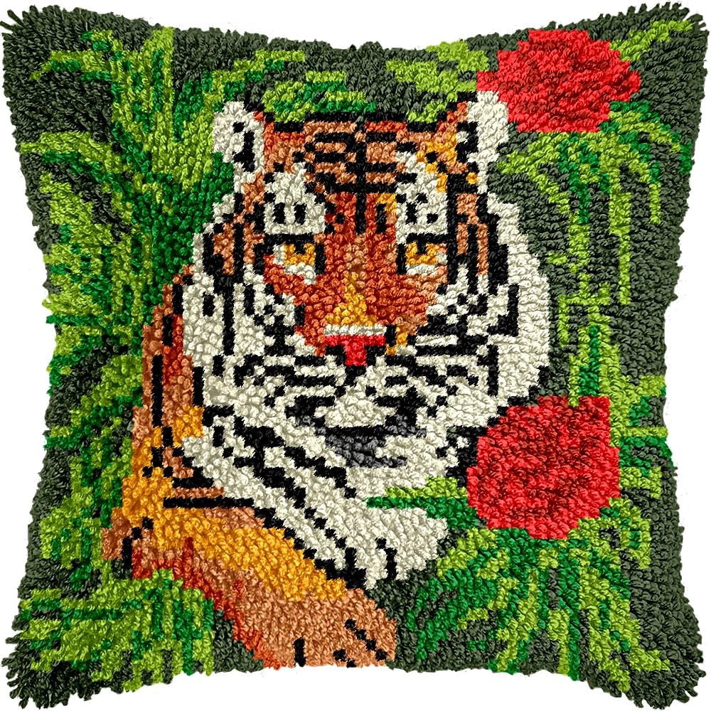 Tiger & Rose Latch Hook Pillow Kits for DIY Throw Pillow Cushion Embroidery Latch Hooking Pillowcase Kits with Preprinted Canvas Crochet Yarn Kits for Home Decor 17''X 17''(j24)