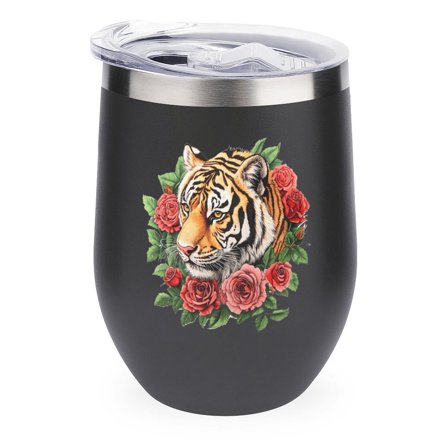 Tiger Roses And Green Leaves 12oz Wine Tumbler with lid Stainless Steel Travel Mugs Double Wall Insulated Travel Coffee Cup Wine Glasses One size