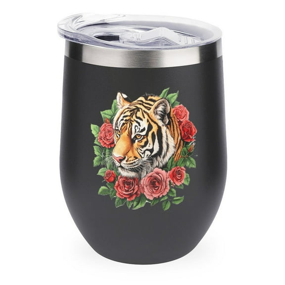 Tiger Roses And Green Leaves 12oz Wine Tumbler with lid Stainless Steel Travel Mugs Double Wall Insulated Travel Coffee Cup Wine Glasses One size