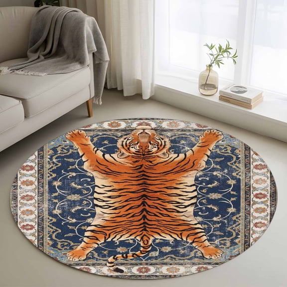 Tiger Round Rugs for Living Room 3ft Bohemian Modern Animal Print Blue Red Floral Texture Non Slip Circle Rug Washable Low-Profile Indoor Carpet for Bedroom, Dining Room, Bathroom