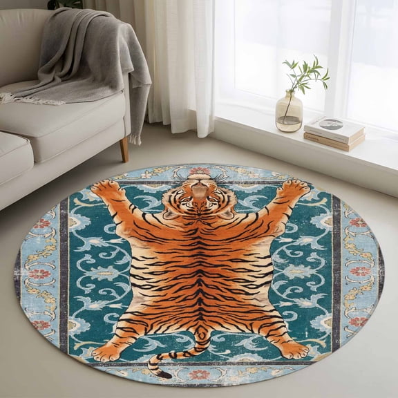 Tiger Round Rugs for Living Room 3ft Bohemian Modern Animal Print Teal Green Floral Texture Non Slip Circle Rug Washable Low-Profile Indoor Carpet for Bedroom, Dining Room, Bathroom