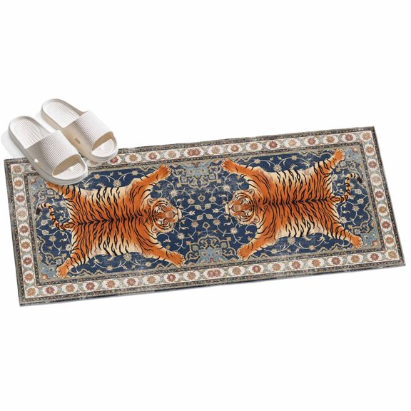 Tiger Runner Rugs 2x6ft Bohemian Modern Animal Print Blue Red Floral Texture Washable Rug, Non Slip Indoor Carpet Absorbent Floor Mat for Living Room Bedroom Dining Room