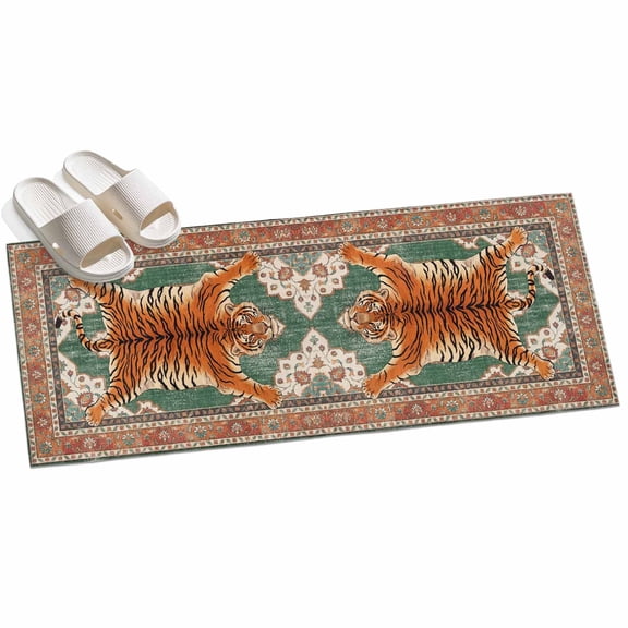 Tiger Runner Rugs 2x6ft Bohemian Modern Animal Print Orange Green Floral Texture Washable Rug, Non Slip Indoor Carpet Absorbent Floor Mat for Living Room Bedroom Dining Room