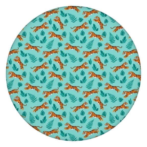Tiger Running Leaf Light Teal Pattern Round Elastic Tablecloth, 36-44 Inch Waterproof, Machine Washable, Indoor & Outdoor Use
