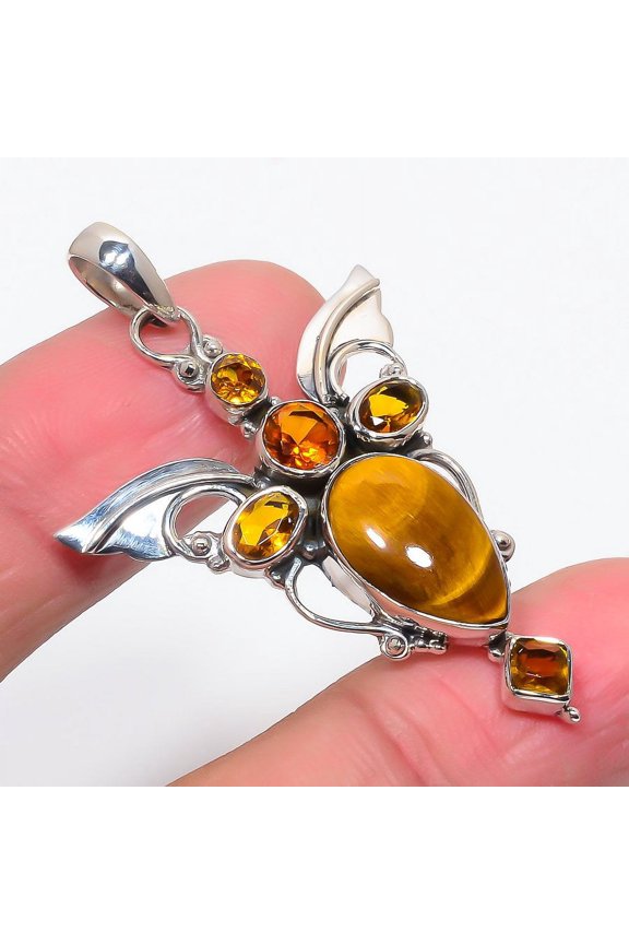Tiger'S Eye & Citrine 925 Sterling Silver Wing Pendant 2.00" SP278-1