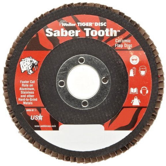 Tiger Saber Tooth Ceramic High Density Flap Disc, 4-1/2 in dia, 40 Grit, 7/8 in Arbor, 13000 RPM, Type 27