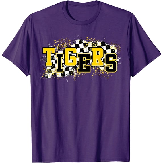 Tiger School Spirit Checker Text Softstyle Unisex T-Shirt,Purple Color,Size XL