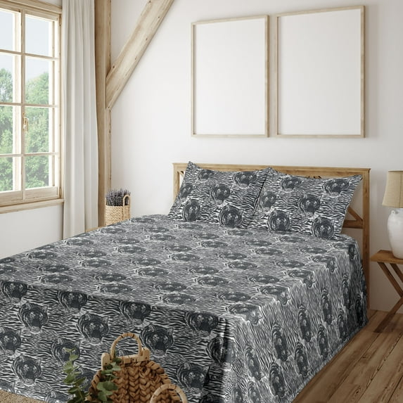 Ambesonne Tiger Fitted & Flat Sheet with Shams 4 Pcs Set, Wild Big Cat Creature Print, Full, Charcoal Grey and White