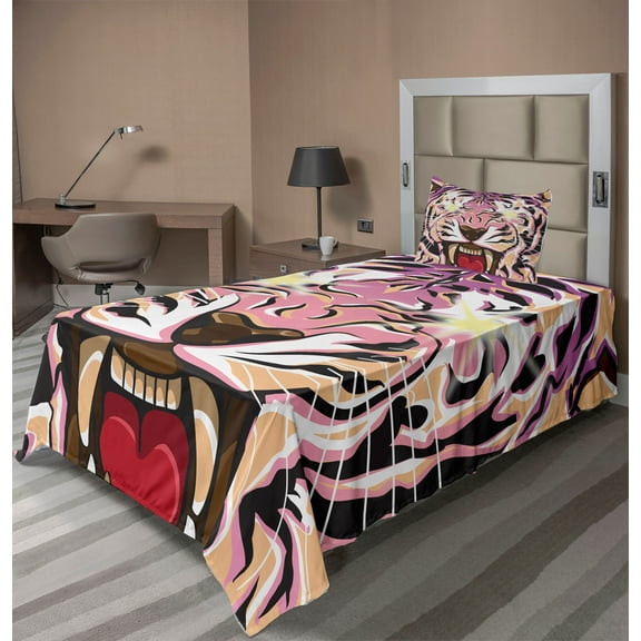 Ambesonne Tiger Fitted & Top Sheet Set with Sham, Strong Animal Eyes, Multicolor