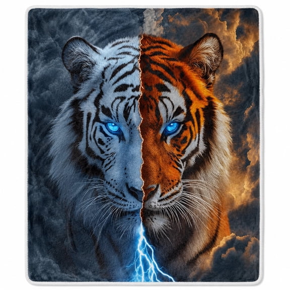 Tiger Sherpa Throw Blanket, Split White and Orange Tiger Print, Soft Fleece Front, Cozy Sofa Blanket