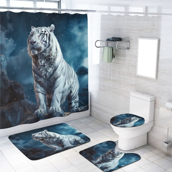Tiger Shower Curtain Set with Rugs for Bathroom Decor Jungle Night Blue Starry Sky Wildlife Forest Bathroom Decor Bath Curtain with Rugs Toilet Lid Cover Bath Mat, 72x72 Inch