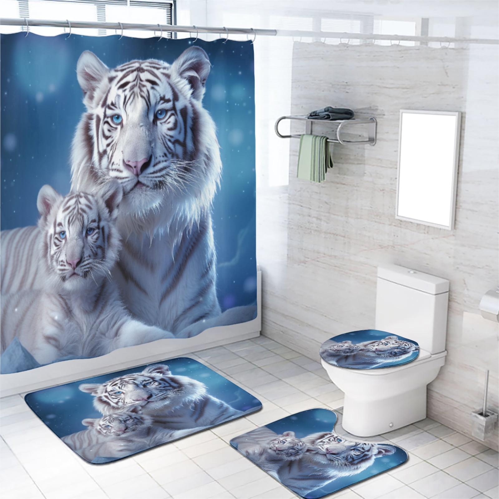 Tiger Shower Curtain Set Wildlife Animal Tiger Mom and Son Blue Starry Sky with Toilet Lid Cover, Bath Mat, Shower Curtains for Bathroom Rug Set, 72x72 Inch