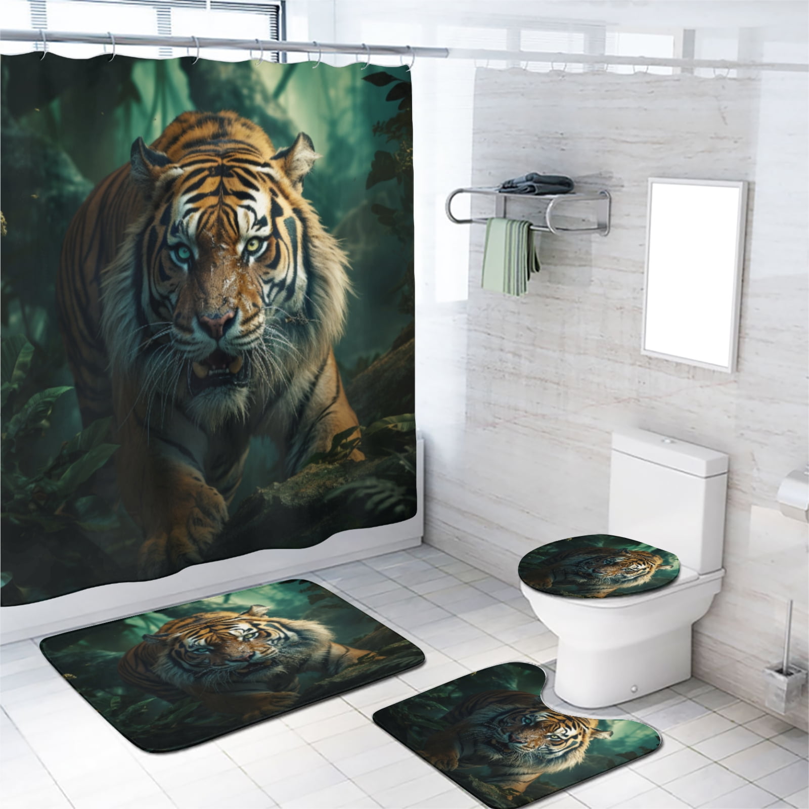 Tiger Shower Curtain Sets with Non-Slip Rug Wild Jungle Animal Forest Nature Woodland Scenery Bathroom Decor Set with Accessories, Waterproof Shower Curtain for Bathtub Decor, 72x72 Inch