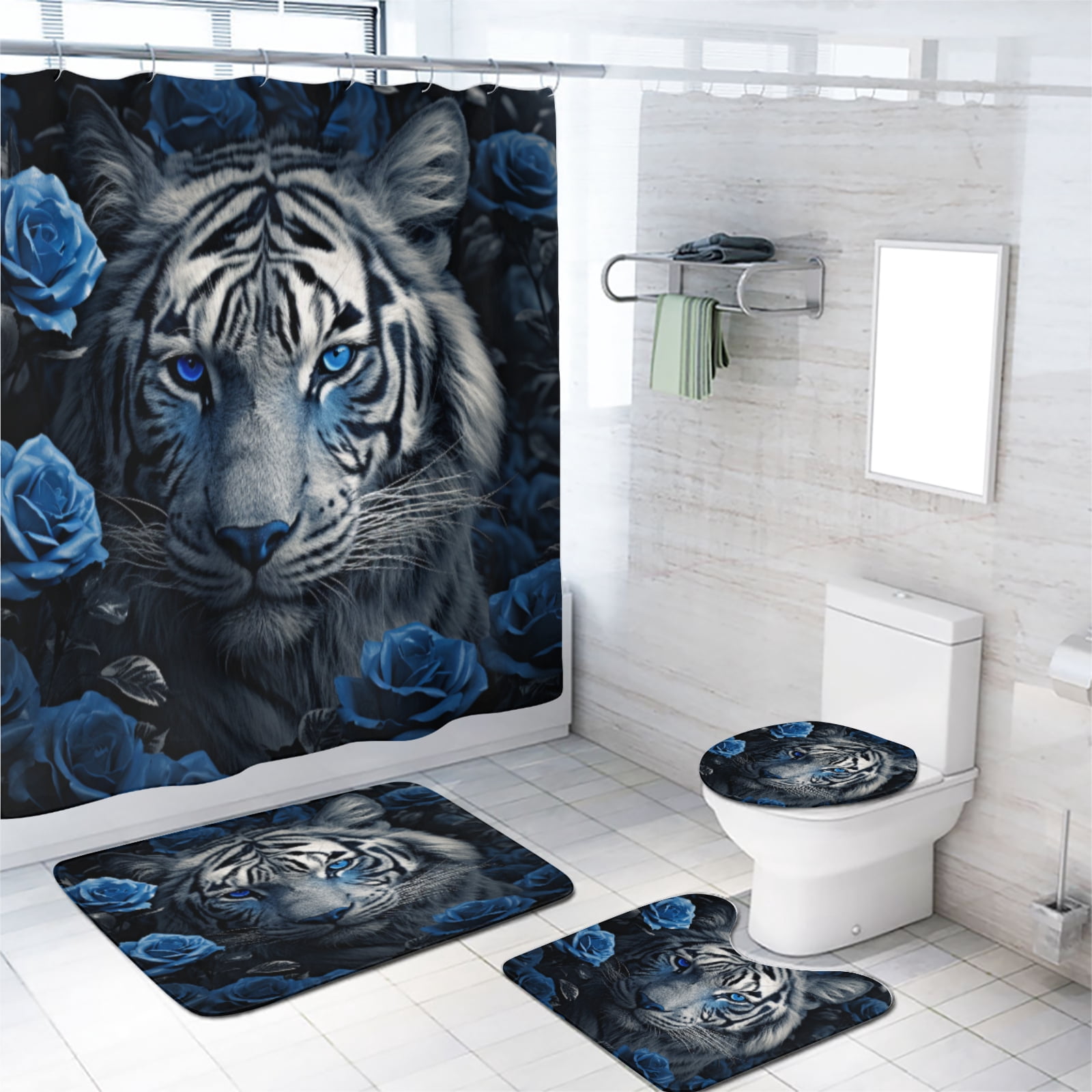 Tiger Shower Curtain Sets with Rugs 4 Piece Wild Animal Blue Rose Tiger Romantic Floral with Toilet Lid Cover and Bath Mat, Waterproof Shower Curtain with 12 Hooks, 72x72 Inch