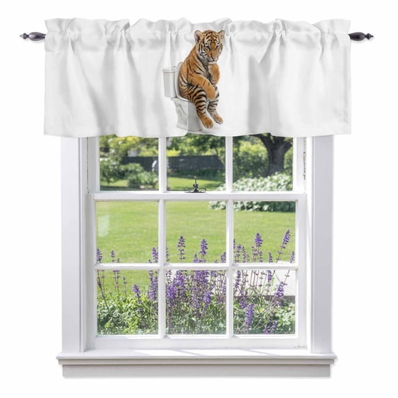 Tiger Sitting on The Toilet Thinking Valance Curtain Abstract Funny Animal Window Valances Rod Pocket Short Curtains Window Treatments for Kitchen Bedroom Bathroom Laundry 54" x 18"