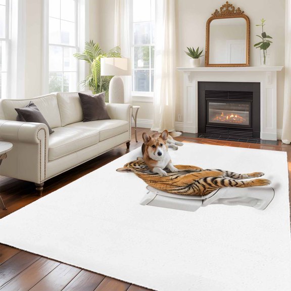 Tiger Sitting on The Toilet Thinking 5x8 Rug for Bedroom Under Queen Bed Placement, Abstract Funny Animal Washable Non Slip Large Rectangle Area Rug