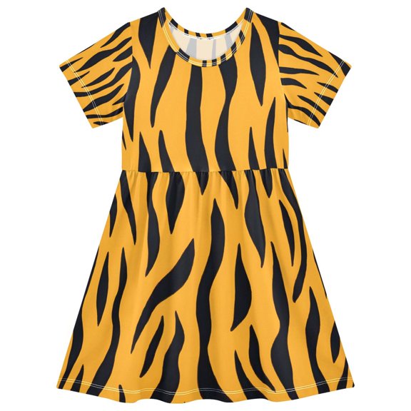 Tiger Skin Pattern Girls Short Sleeve Dress A Line Sun Protection Breathable Comfort Sundress 4T