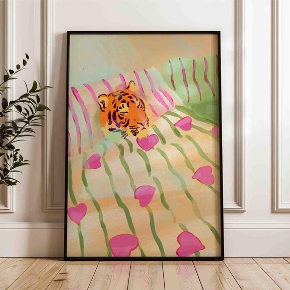 Tiger Sleeping In Bed Green Striped Wall Decor
