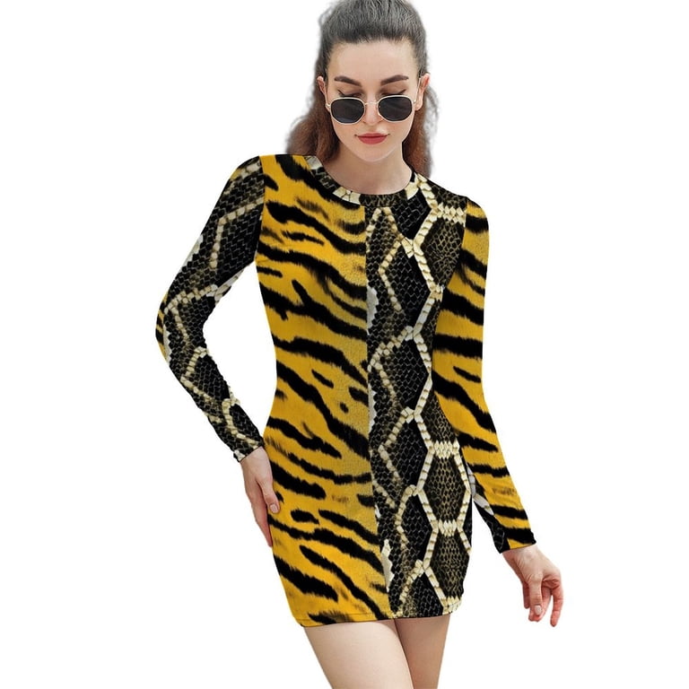 knee length dresses for ladies Khaki Printed Tiger Stripe Colorblock Bishop Sleeve Mini Dress