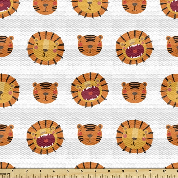 Tiger Sofa Upholstery Fabric by the Yard, Repeated Rounded Forms Jungle Tiger Lion Sharp Teeth Funky Characters Face, Decorative Fabric for DIY & Home Accents, 5 Yards, Orange Multicolor by Ambesonne
