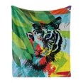 thumbnail image 1 of Tiger Soft Flannel Fleece Blanket, Abstract Drawing of a Bengal Tiger Under Leaves on Lively Colored Background Predator, Cozy Plush for Indoor and Outdoor Use, 70" x 90", Multicolor, by Ambesonne, 1 of 6