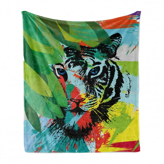 Tiger Soft Flannel Fleece Blanket, Abstract Drawing of a Bengal Tiger Under Leaves on Lively Colored Background Predator, Cozy Plush for Indoor and Outdoor Use, 70" x 90", Multicolor, by Ambesonne