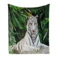 thumbnail image 1 of Tiger Soft Flannel Fleece Blanket, Albino Bengal Cat Sitting on a Rock in Forest Southeast Asia Indigenous Species, Cozy Plush for Indoor and Outdoor Use, 60" x 80", Fern Green White, by Ambesonne, 1 of 6
