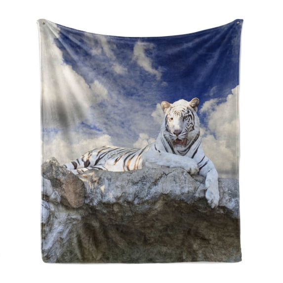 Tiger Soft Flannel Fleece Blanket, Bengal Hunter Surveying What is Beneath It from Top White Large Feline, Cozy Plush for Indoor and Outdoor Use, 60" x 80", Eggshell Sky Blue White, by Ambesonne