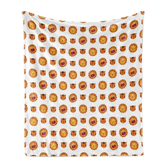 Tiger Soft Flannel Fleece Blanket, Repeated Rounded Forms Jungle Tiger Lion Sharp Teeth Funky Characters Face, Cozy Plush for Indoor and Outdoor Use, 70" x 90", Orange and Multicolor, by Ambesonne