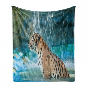 Tiger Soft Flannel Fleece Throw Blanket, Feline Beast in Pond Searching for Prey Sumatra Indonesia Scenes, Cozy Plush for Indoor and Outdoor Use, 70" x 90", Pale Brown Turquoise, by Ambesonne