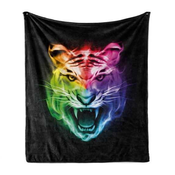 Tiger Soft Flannel Fleece Throw Blanket, Multicolored Abstract Display Large Feline Blazing Spectrum Rainbow Color, Cozy Plush for Indoor and Outdoor Use, 70" x 90", Multicolor, by Ambesonne