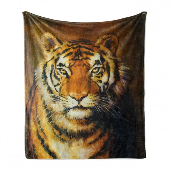 Tiger Soft Flannel Fleece Throw Blanket, Oil Painting Style Big Cat Purposeful Eyes Carnivore Bengal Feline of East, Cozy Plush for Indoor and Outdoor Use, 70" x 90", Black Pale Brown, by Ambesonne