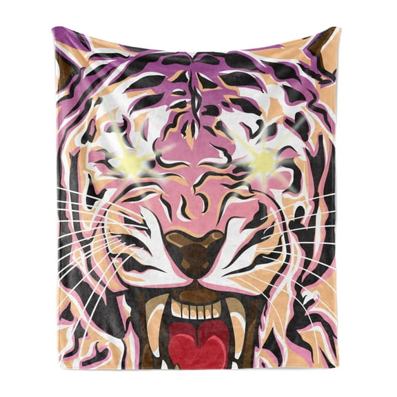 Tiger Soft Flannel Fleece Throw Blanket, Style Macro Illustration of Strong Jungle Animal Face with Abstract Colors, Cozy Plush for Indoor and Outdoor Use, 50" x 60", Multicolor, by Ambesonne