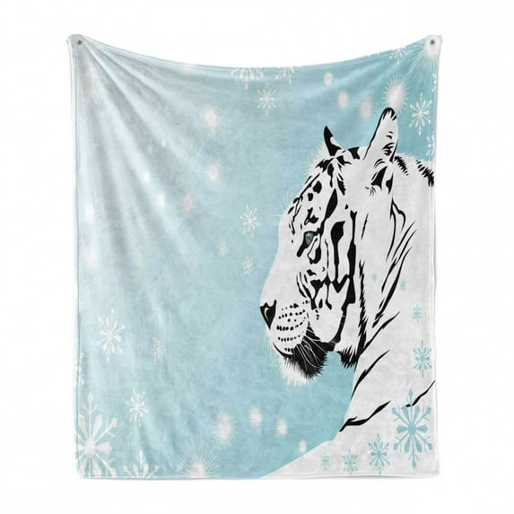 Tiger Soft Flannel Fleece Throw Blanket, White Bengal Beast Lies Against Snowy Background Eyes Majestic Nature, Cozy Plush for Indoor and Outdoor Use, 50" x 70", Turquoise Black, by Ambesonne