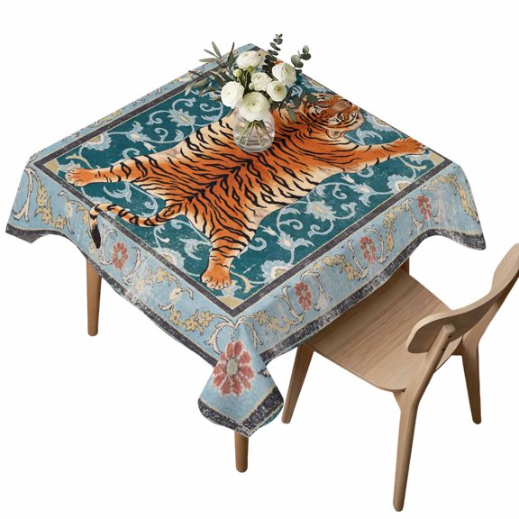 Tiger Square Tablecloth Bohemian Modern Animal Print Teal Green Floral Texture Waterproof Wrinkle Free Soft Table Cloth Spill-Proof Washable Table Cover for Dining Party Picnic 60 x 60 Inch