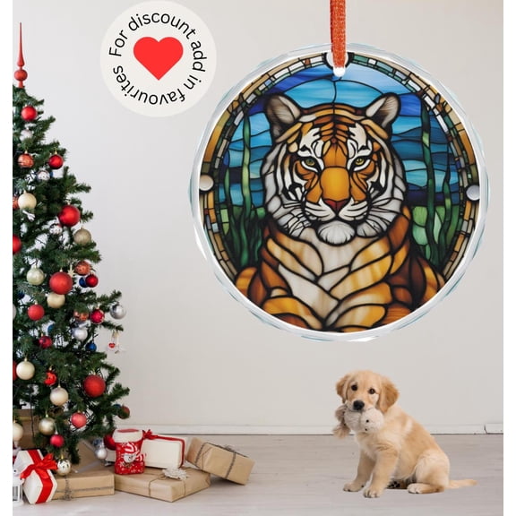 Tiger Stained Glass Style Ornament Wild Animal Lover Gift Big Cat Jungle Room Decoration Crystal Christmas Tree Decor Nature Keepsake Home Decor CIRCLE GLASS ORNAMENT