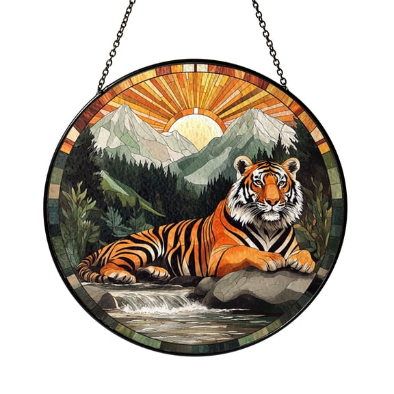 Tiger Stained Glass Suncatcher, Fiery Sunset Glow Window Art, Jungle Wildlife Theme Decor, Vibrant Nature Accent Gift for Animal Lovers