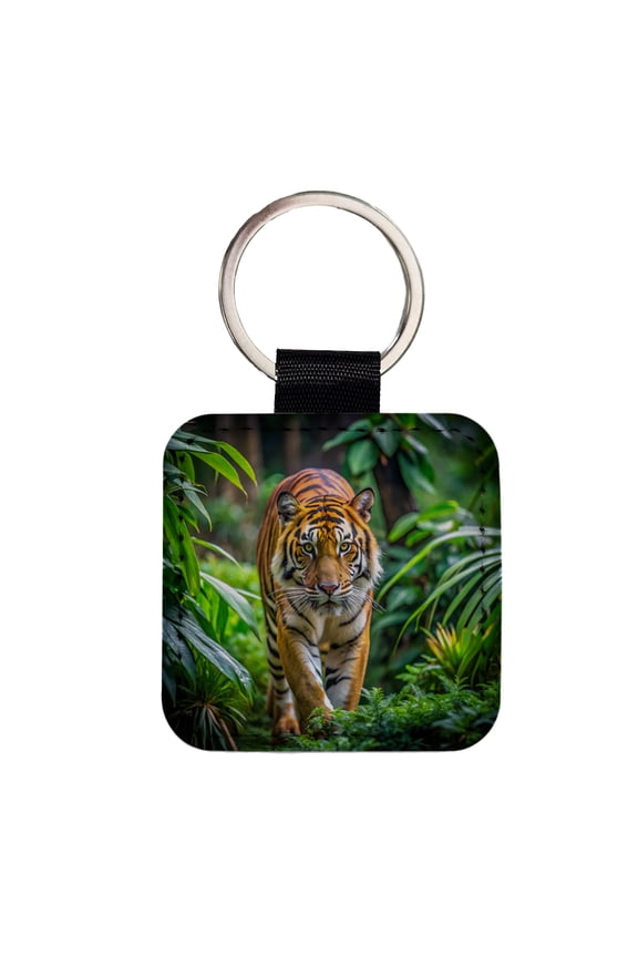 Tiger Stalking Prey In The Jungle Faux Leather Square Keychain