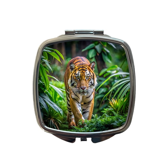 Tiger Stalking Prey In The Jungle Travel Makeup Handbag Purse Small Pocket Compact Mirror