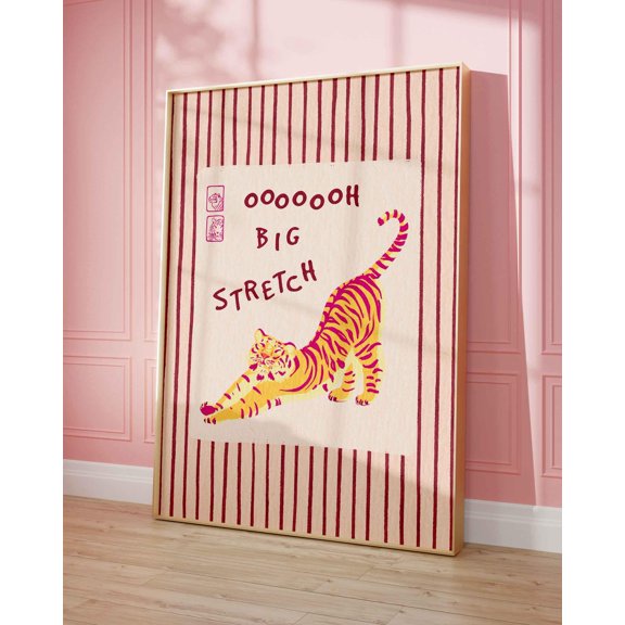 Tiger Stretching Poster, Pink And Orange Tiger Print, Quote Oh Big Stretch Meme, Gray Striped Art, Horizontal Poster, Poster Only