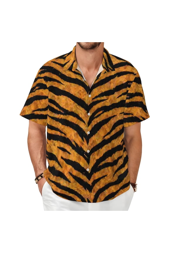 Tiger Stripe Animal Print Men's Shirts Short-Sleeved with All-Over Prints Button-Up Shirts