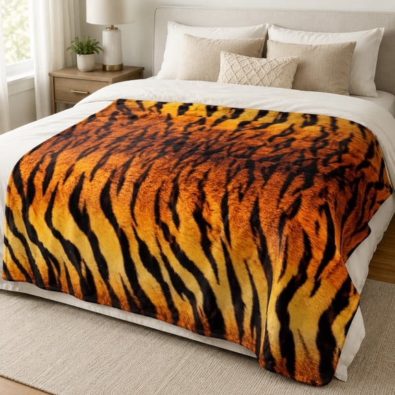 Tiger Stripe Fleece Blanket, 280gsm Polyester 3D Print Throw Blanket, Soft Animal Print Bed Blanket, Multiple Sizes