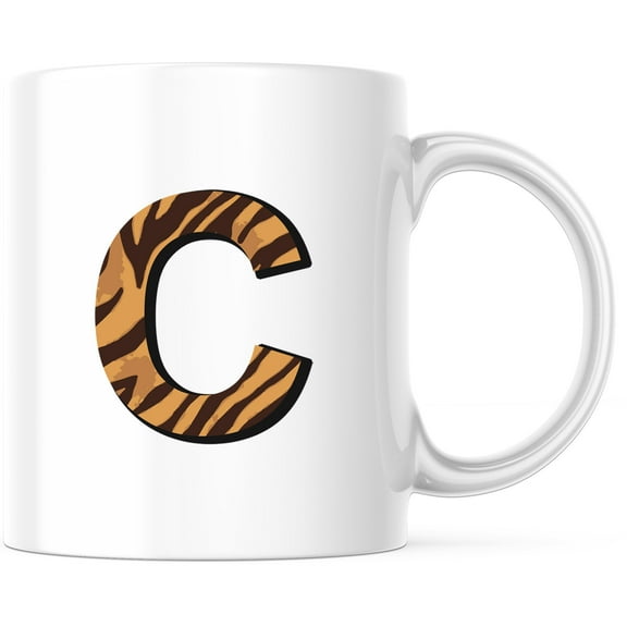 Tiger Stripe Letter C Mug, Animal Print Coffee Mug, Initial C Tea Cup, Unique Custom Mug, Gift for Her or Him - 11 Ounce Novelty Coffee Cup - WMUG0260