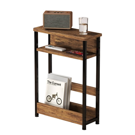 Tiger Stripe Narrow Side Table with 3-Tier Storage Shelves, Slim Nightstand and Magazine Rack for Small Spaces