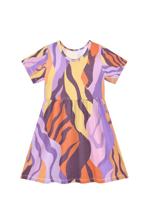 Tiger Stripe Pattern Girls Short Sleeve Dress A Line Sun Protection Breathable Comfort Sundress 3T