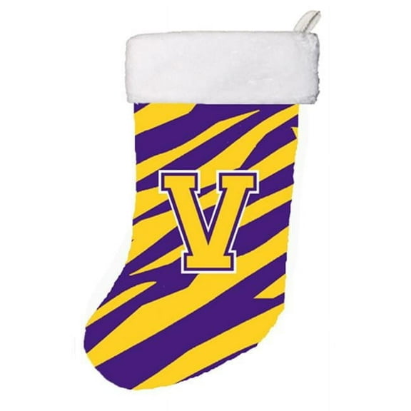 Tiger Stripe - Purple Gold Initial V Monogram Initial Christmas Stocking