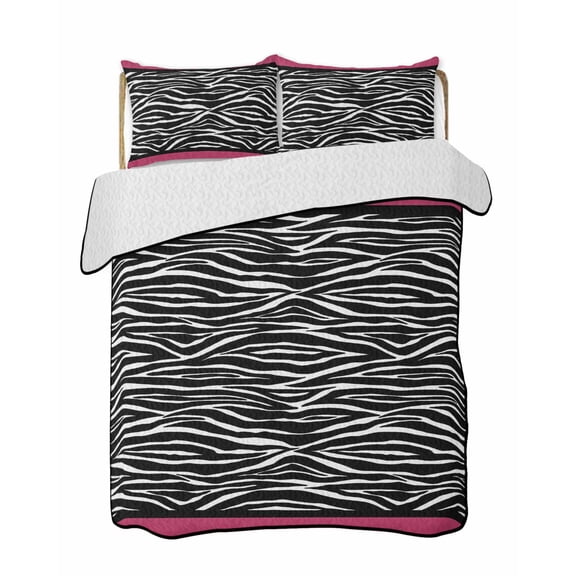 Tiger Stripes 3 Pieces Quilt Set, 1 Quilt with 2 Shams, Animal Black Pink Color Block Abstract Bedspread Soft Lightweight Bedding Coverlet Comforter Set for All Season 68"x98"
