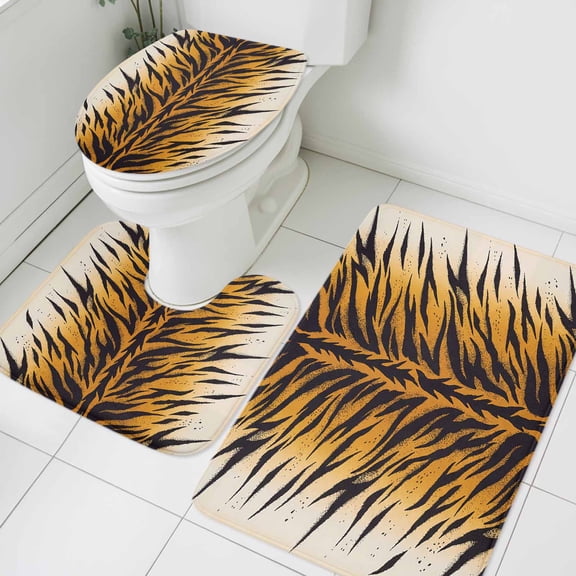 Tiger Stripes Bathroom Rugs Set Modern Themed Tropical Animal Texture Non Slip Absorbent Soft Bath Mats 3 Piece Set with Bathroom Rug, U-Shaped Floor Mat, Toilet Seat Cover Small Size