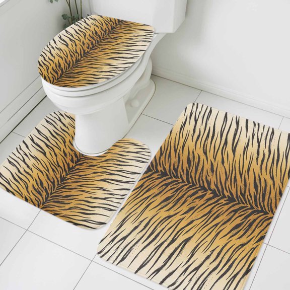 Tiger Stripes Bathroom Rugs Set Modern Themed Tropical Animals Texture Non Slip Absorbent Soft Bath Mats 3 Piece Set with Bathroom Rug, U-Shaped Floor Mat, Toilet Seat Cover Large Size